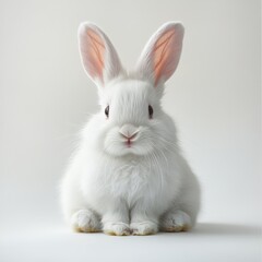 Fototapeta premium Adorable White Rabbit, Fluffy Bunny Sitting on White Background, Easter Bunny, Pet Rabbit, Domestic Rabbit, Cute Animal, White Fur, Long Ears