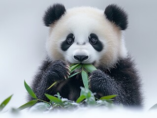 Fototapeta premium Adorable Giant Panda Cub Eating Bamboo in Snowy Habitat Close-Up Wildlife Photography