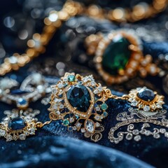 Fototapeta premium Showcasing unique handmade jewelry in an elegant display on dark velvet background with intricate designs and sparkling details