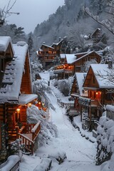A serene winter village scene with snow-covered houses and pathways.