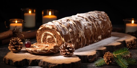 Rustic holiday log cake dessert with candles and pinecones for festive celebration