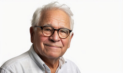 A man with glasses is smiling and looking at the camera. He is wearing a white shirt and a gray shirt underneath