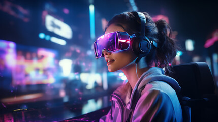 Woman wearing a virtual reality headset and playing a game connected to the internet. Created with image generation tools