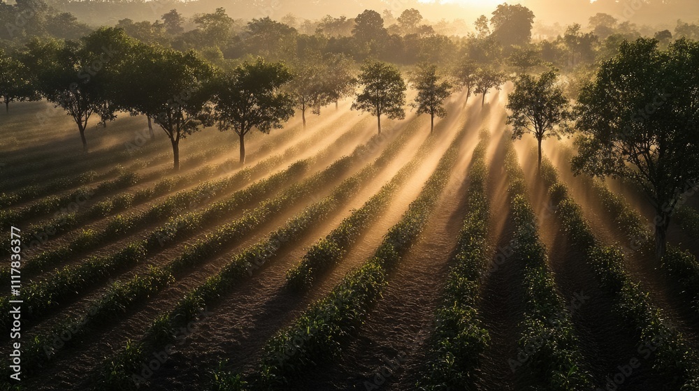 Poster a warm sunbeam illuminates a field with tall grass and scattered trees, perfect for capturing scenic