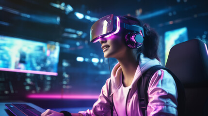 Woman wearing a virtual reality headset and playing a game connected to the internet. Created with image generation tools
