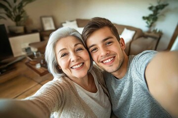 A pair of friends or partners posing for a selfie in a cozy living room setting