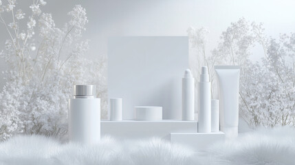 3D render of skincare cosmetic set with boxes, vials and bottles, tubes for cream and perfume. Minimalistic white mock up with background with fur, branches and flowers. Front view.Exhibition concept 