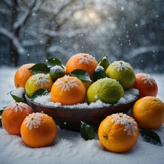 A winter arrangement of citrus fruits with snowflakes faintly visible in the background.