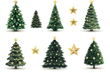 Decorated Christmas trees with shiny gold stars
