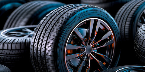 A close-up view of stacked tires, showcasing detailed tread patterns and glossy black rims, emphasizing their design and texture.