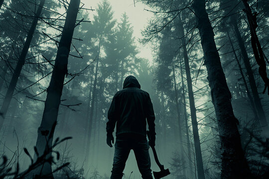 Generative AI image of spooky woodcutter in foggy burning forest with sinister Halloween horror theme