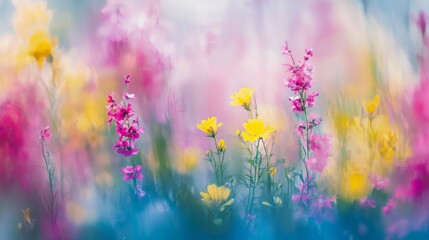 Dreamy floral composition with vibrant pink, yellow, and blue wildflowers in soft focus, creating a serene and artistic meadow-like ambiance. AI generative.