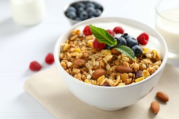 Delicious granola with berries and yogurt on a light background