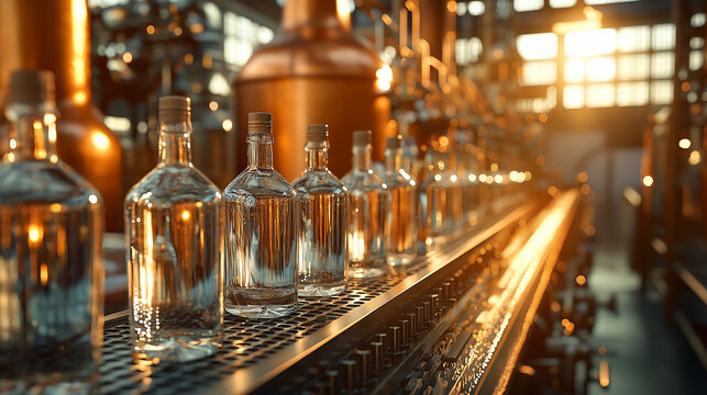 Craft gin production line featuring automated bottling process in distillery facility - Powered by Adobe