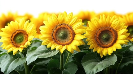 Obraz premium Vibrant Yellow Sunflowers in Full Bloom Close-up of Three Sunflowers with Blurred Background