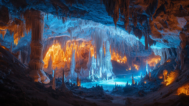 Majestic stalactites tower above in this breathtaking karst cave system, showcasing vibrant hues of blue and orange, inviting explorers to delve deeper into its natural wonder.