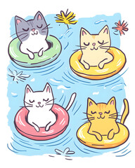 Whimsical and playful illustrations of cats in various humorous scenarios, featuring vibrant doodle art