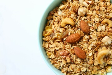 Delicious granola on a light background