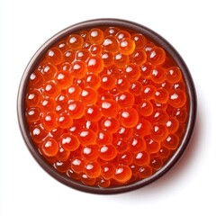Red caviar in the bowl on white top view