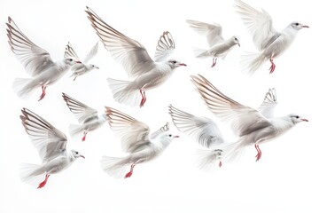 Obraz premium Majestic Flock of White Seagulls in Flight A Collection of High-Resolution Images of Graceful Birds Soaring Against a White Background.