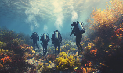 Grupa nurk&oacute;w eksplorująca podwodną rafę koralową