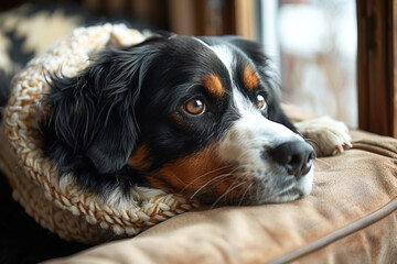 Sad dog rests on a cozy sofa in a modern European room with a blanket