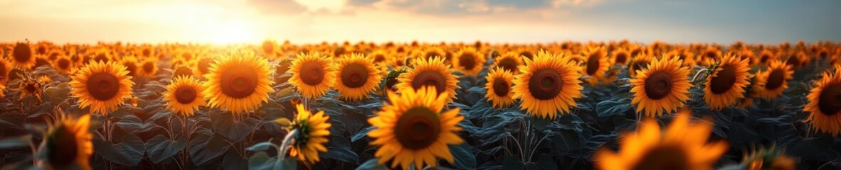 Obraz premium Majestic Sunset Panorama Vibrant Sunflowers in a Golden Field at Dusk - Stunning Nature Photography