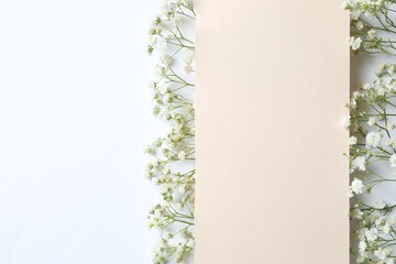 Top view photo with gypsophila flowers and paper card on white background 