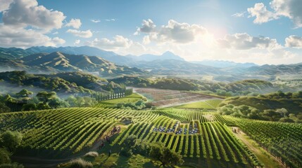 Grapes harvesting action in a scenic vineyard rolling hills environment under the warm sun concept