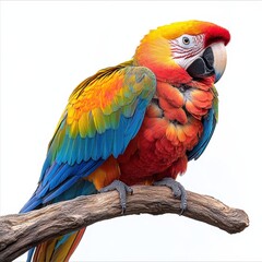 Fototapeta premium Vibrant Scarlet Macaw Perched on a Branch Stunning Close-up of a Tropical Parrot with Vivid Red, Yellow, Blue, and Green Feathers Against a White Background