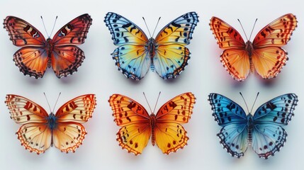 A cluster of four distinctively colored butterflies resting on a white surface