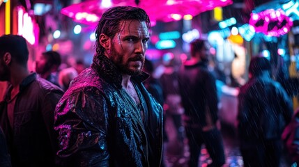 Fototapeta premium A rugged man in a glossy jacket stands amid a neon-laden street, embodying themes of resilience, solitude, and urban adventure in a captivating nighttime backdrop.
