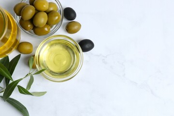 Bowl of fresh olive oil and olives with leaves on white background
