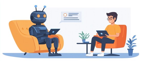 A man and a robot sit in armchairs, both using laptops, the man smiles at the robot.