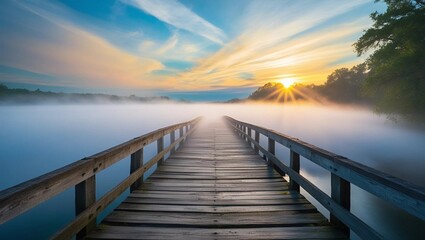 Fototapeta premium A serene dawn unfolds above a rustic, worn wooden bridge, shrouded in a veil of mist that gently ascends from the serene water below, as a vibrant sky transforms above, gradating from soft blues to ra