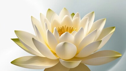 A delicate, creamy white lotus flower in full bloom, capturing the intricate details of its velvety soft petals, gently curved and slightly ruffled at the edges, surrounded by a subtle sheen that hint