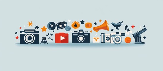 A row of colorful icons representing social media, marketing, and video production.