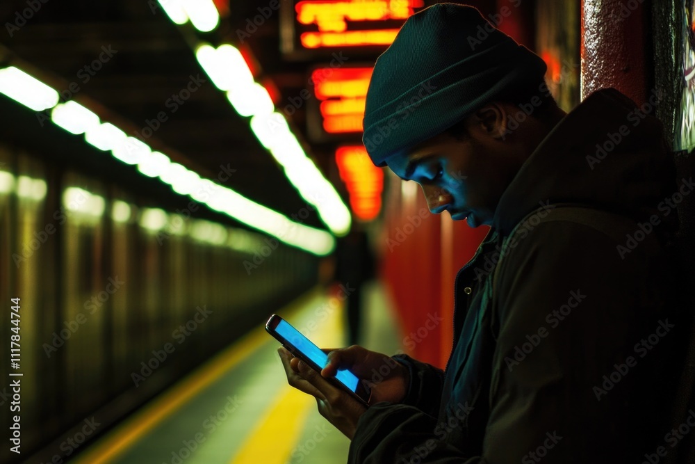 Poster a person looks at their mobile device, possibly checking messages or emails