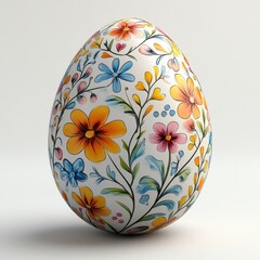 Fototapeta premium Vibrant Floral Easter Egg 3D Render of Hand-Painted Egg with Colorful Flowers and White Background