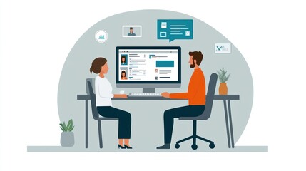 A man and woman sit at a desk, looking at a computer screen with a job application displayed.