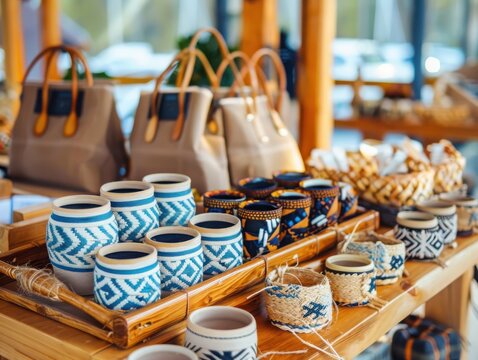 Showcasing artisan crafts at fair trade event local market closeup display cultural diversity handmade goods for ethical practices