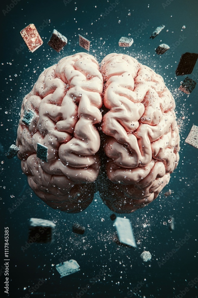 Poster A brain surrounded by sheets of paper with notes and ideas