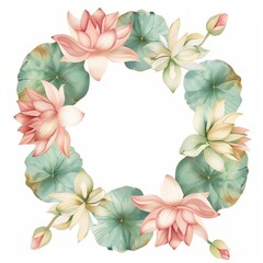 Watercolor lotus wreath, soft pastel colors in the style of watercolor on a white background