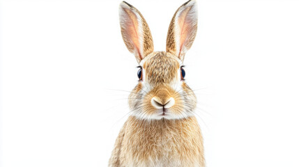 Cute brown rabbit against a stark white background, with large ears and curious eyes, captured in a minimalist style for a charming animal portrait.