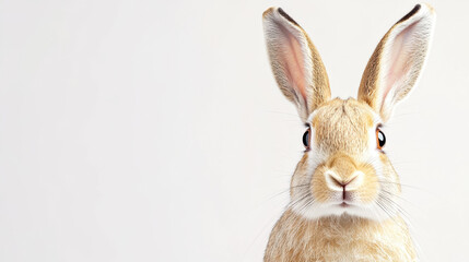 Fototapeta premium Adorable rabbit with large ears and a curious expression, set against a clean white background, highlighting its soft fur and vivid eyes.