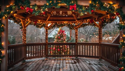 An elegant wooden gazebo decorated with Christmas lights and ornaments