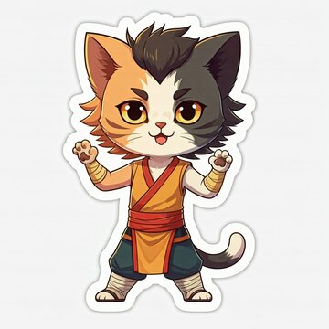 Chibi half-human half-cat kung fu practitioner, sweet and agile, sticker style, plain white background.

