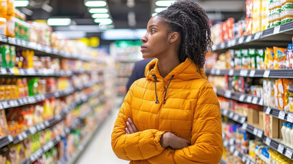 shopper stands in grocery store aisle, contemplating choices