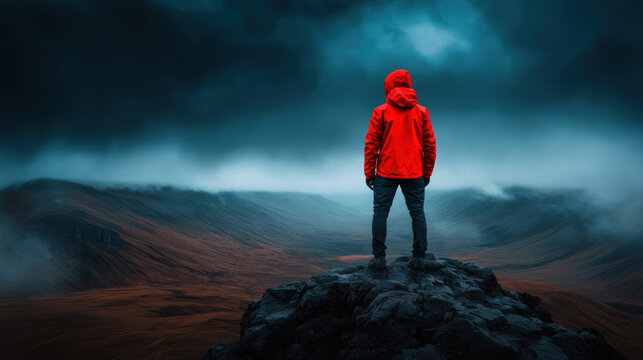 solo traveler in red jacket stands on cliff edge, gazing at dramatic landscape