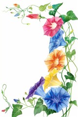Colorful morning glory border on a white background, in the style of watercolor with bright colors